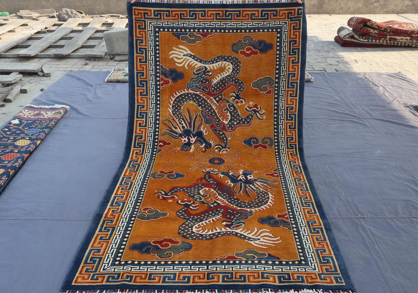 Handmade Tibetan Dragon Rug – Traditional Oriental Wool Area Rug in Gold & Blue