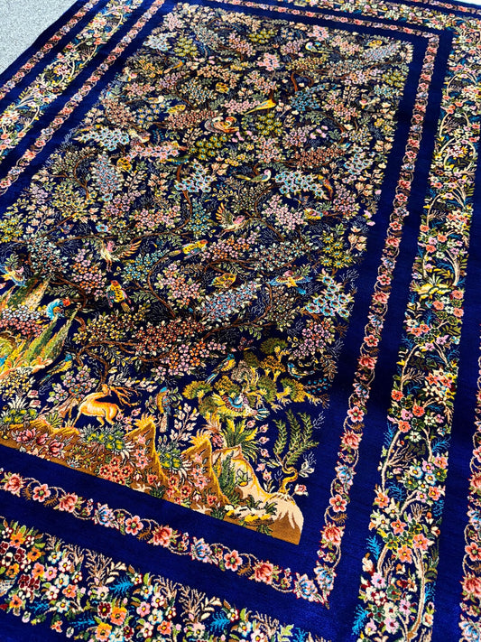 Luxury Persian Garden Silk Style Rug – Royal Blue Floral Bird Design Carpet