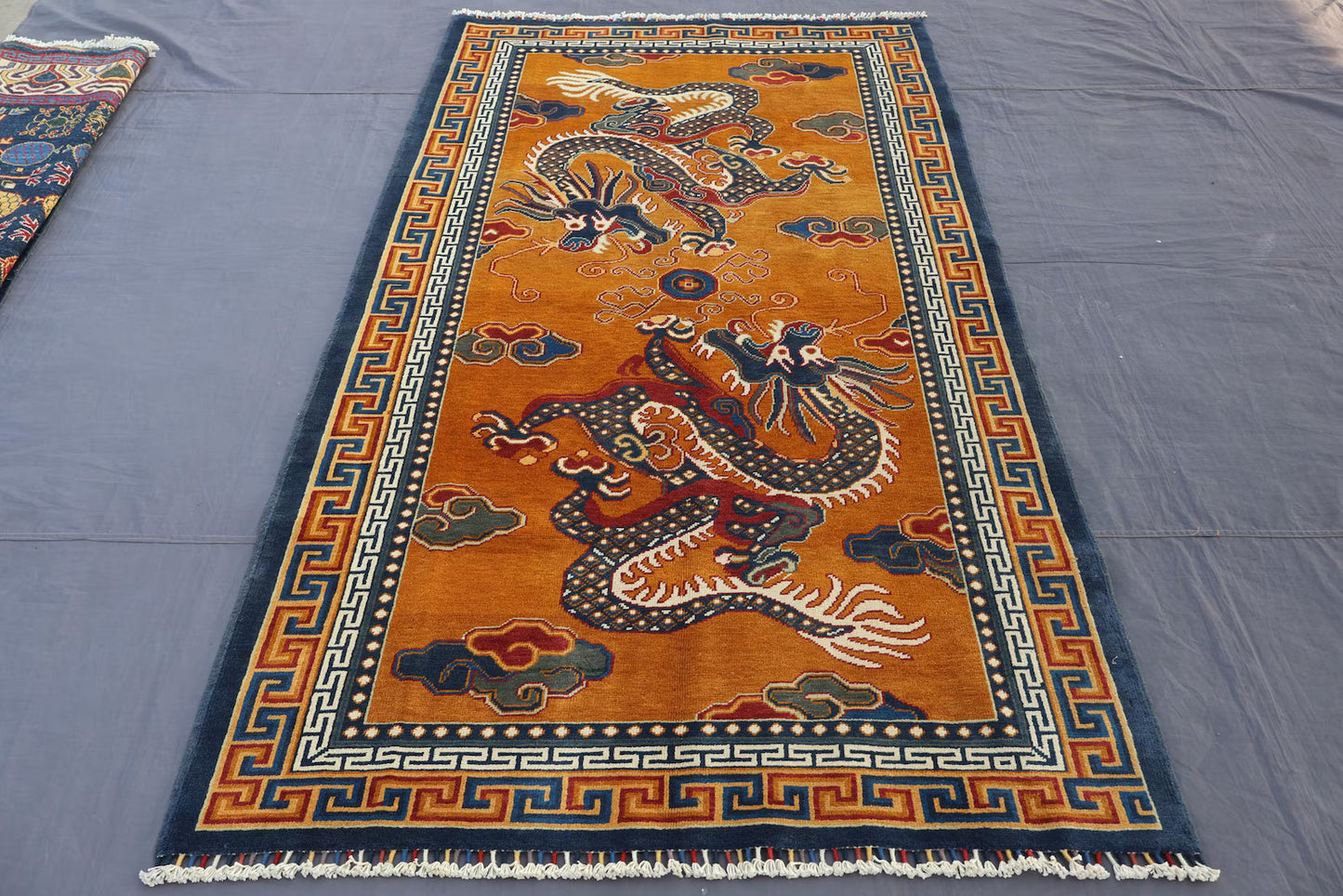 Handmade Tibetan Dragon Rug – Traditional Oriental Wool Area Rug in Gold & Blue