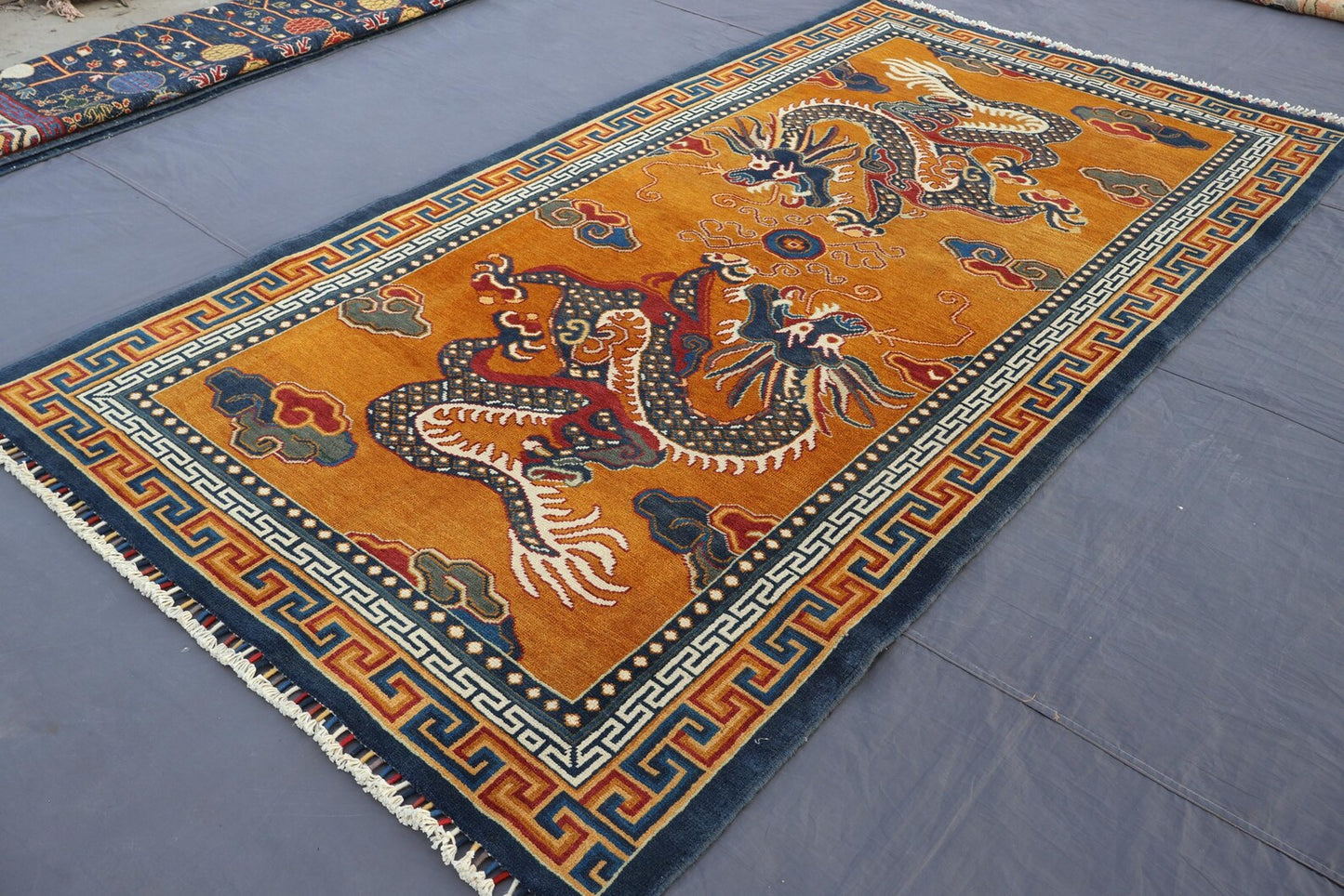 Handmade Tibetan Dragon Rug – Traditional Oriental Wool Area Rug in Gold & Blue