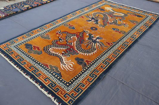 Handmade Tibetan Dragon Rug – Traditional Oriental Wool Area Rug in Gold & Blue