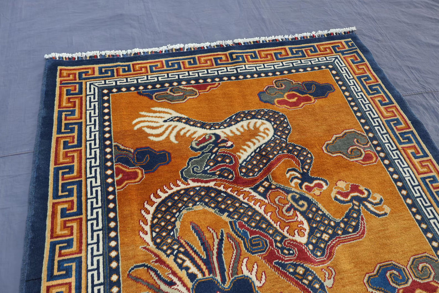 Handmade Tibetan Dragon Rug – Traditional Oriental Wool Area Rug in Gold & Blue