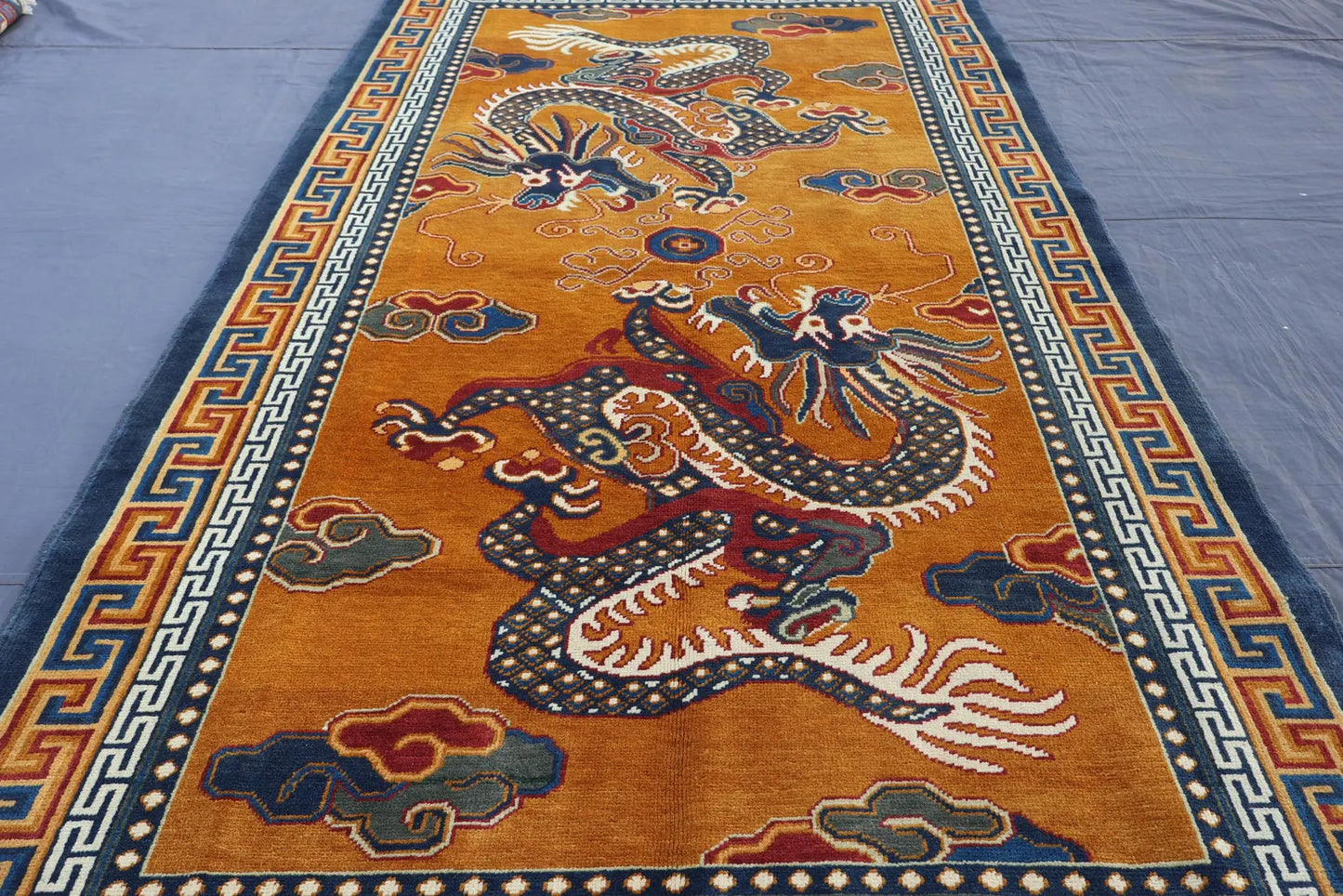 Handmade Tibetan Dragon Rug – Traditional Oriental Wool Area Rug in Gold & Blue
