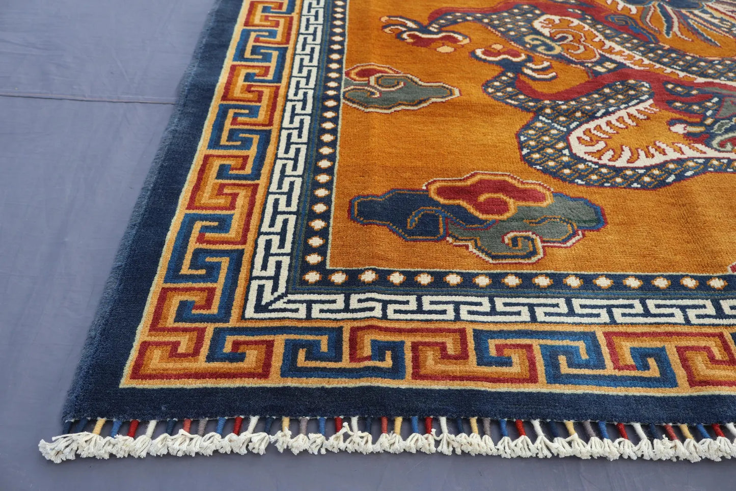 Handmade Tibetan Dragon Rug – Traditional Oriental Wool Area Rug in Gold & Blue