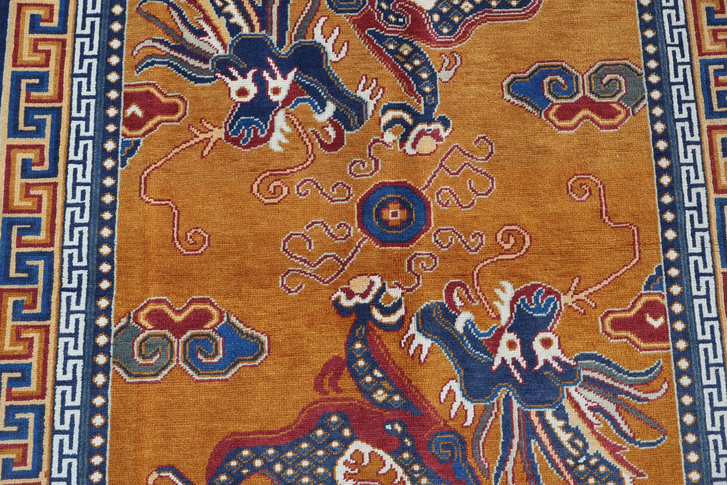 Handmade Tibetan Dragon Rug – Traditional Oriental Wool Area Rug in Gold & Blue