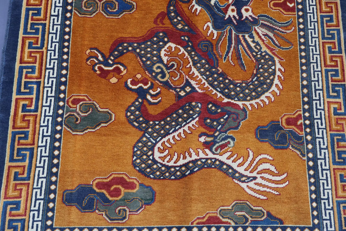 Handmade Tibetan Dragon Rug – Traditional Oriental Wool Area Rug in Gold & Blue