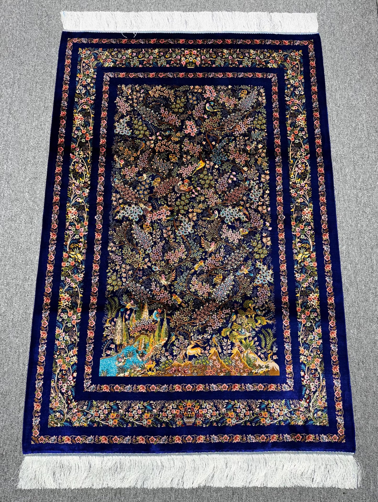 Luxury Persian Garden Silk Style Rug – Royal Blue Floral Bird Design Carpet