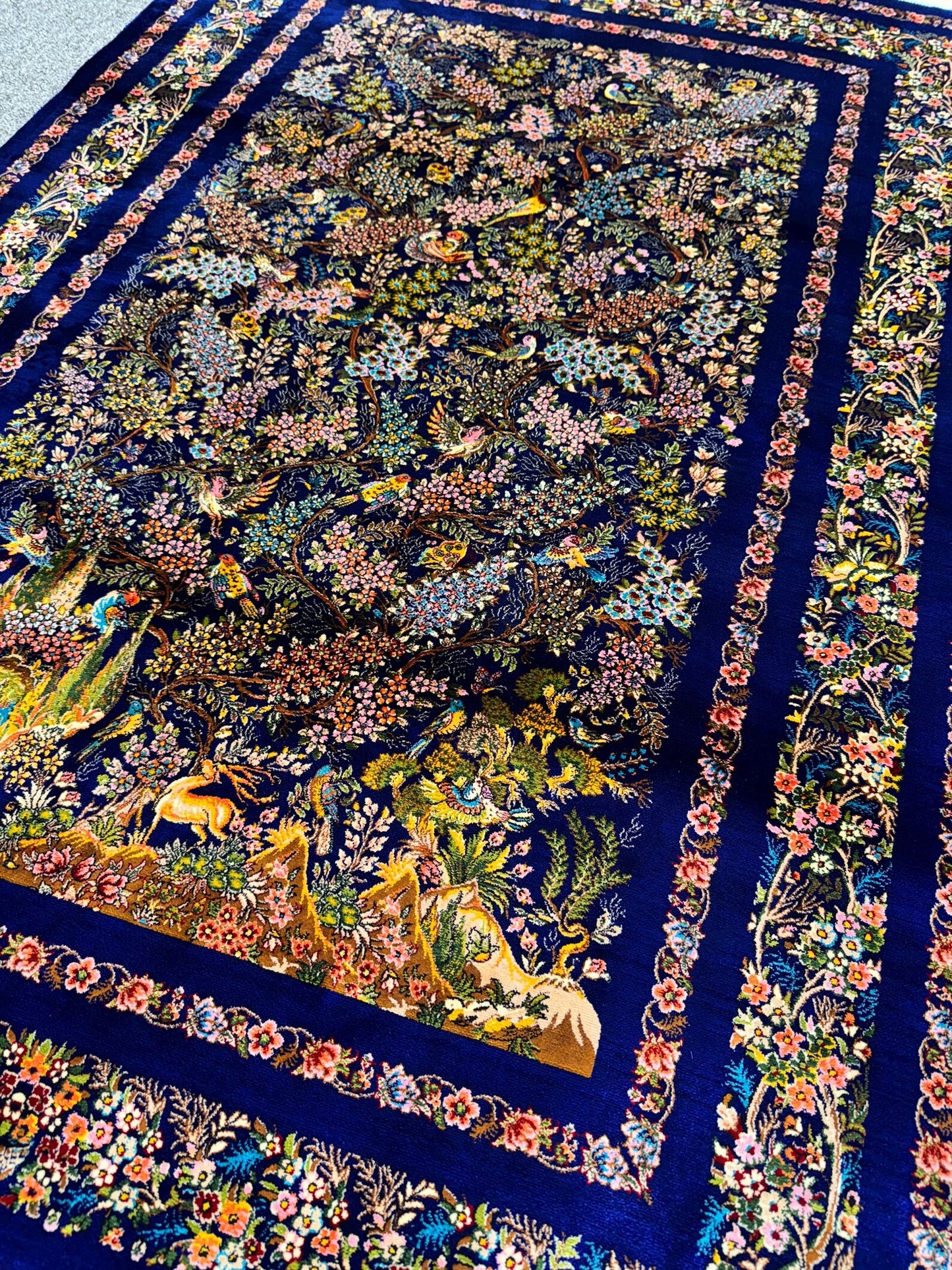 Luxury Persian Garden Silk Style Rug – Royal Blue Floral Bird Design Carpet