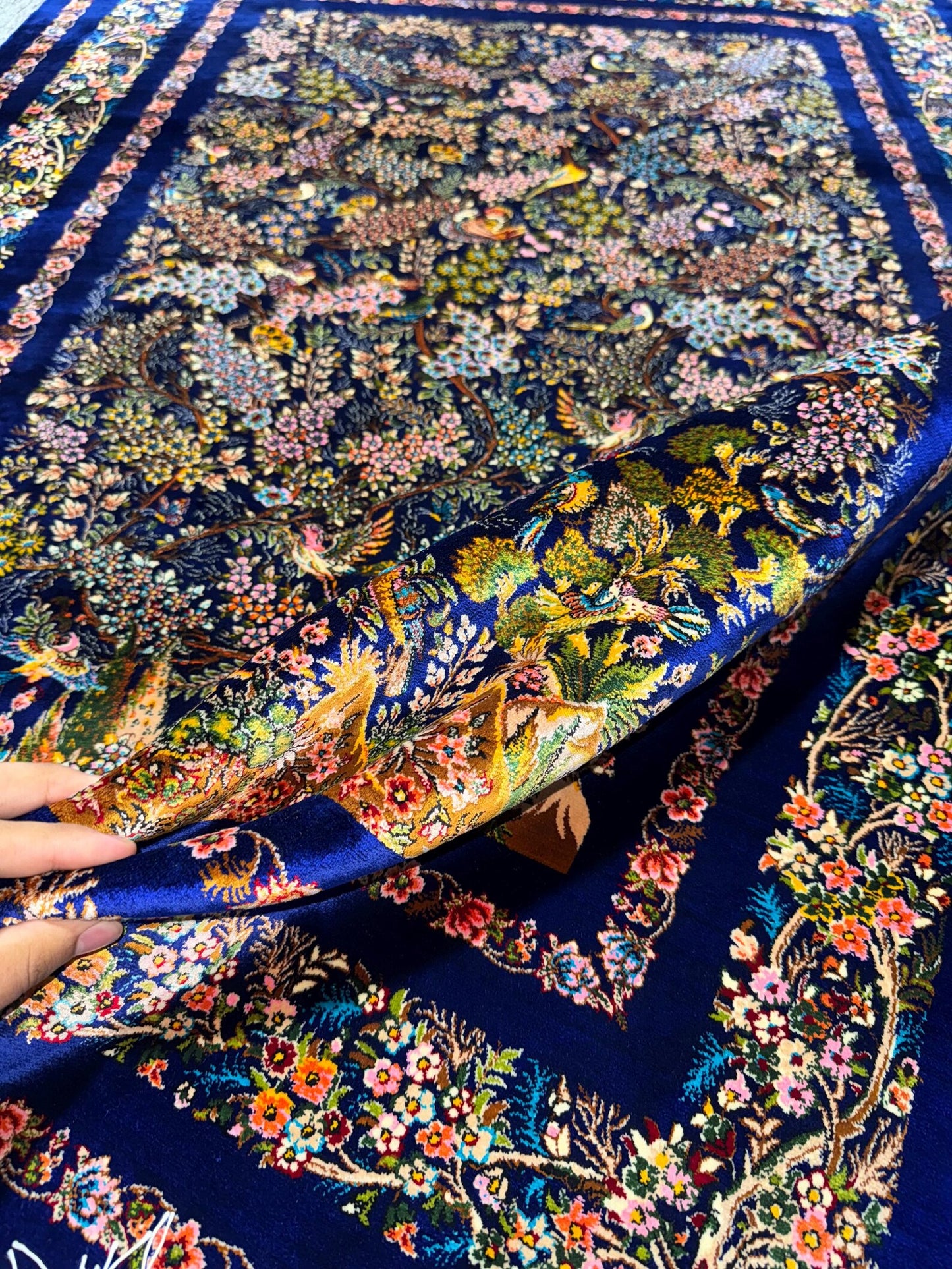 Luxury Persian Garden Silk Style Rug – Royal Blue Floral Bird Design Carpet