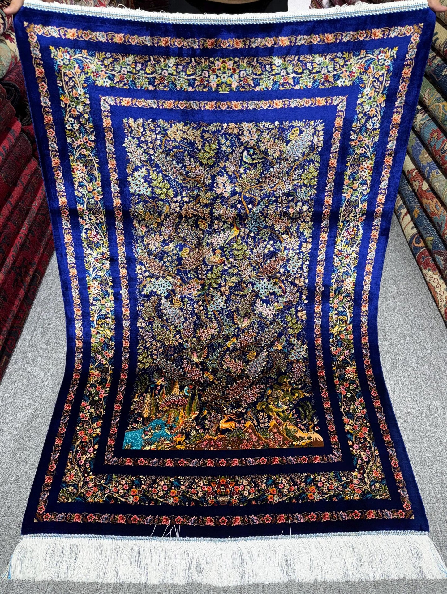 Luxury Persian Garden Silk Style Rug – Royal Blue Floral Bird Design Carpet