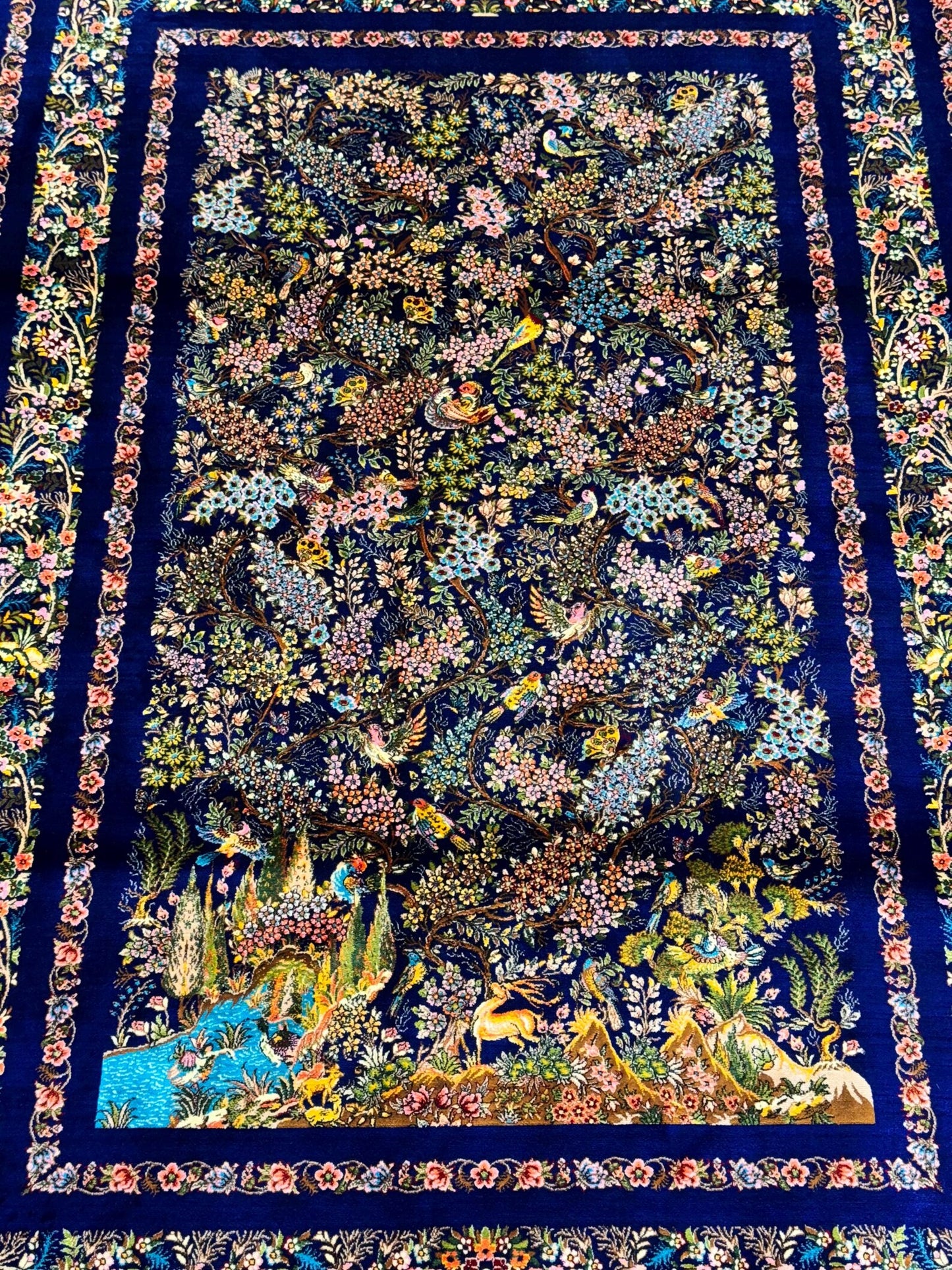 Luxury Persian Garden Silk Style Rug – Royal Blue Floral Bird Design Carpet