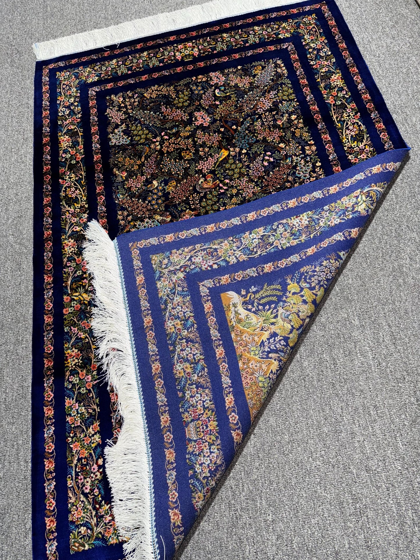 Luxury Persian Garden Silk Style Rug – Royal Blue Floral Bird Design Carpet
